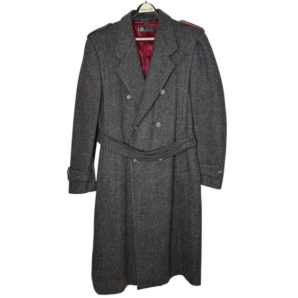 Vintage American Male long wool belted double breasted overcoat gray size large - Picture 1 of 13